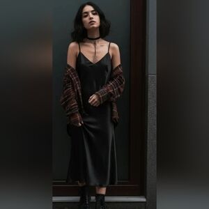 Vintage Mesh Goth Maxi La Vie En Rose Medium Slit Vamp Black Satin Slip Dress